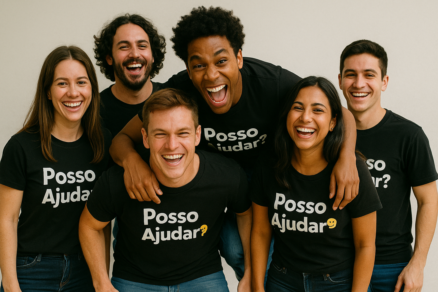 Equipe de uma empresa sorrindo, vestindo uniformes com a camiseta personalizada da marca.