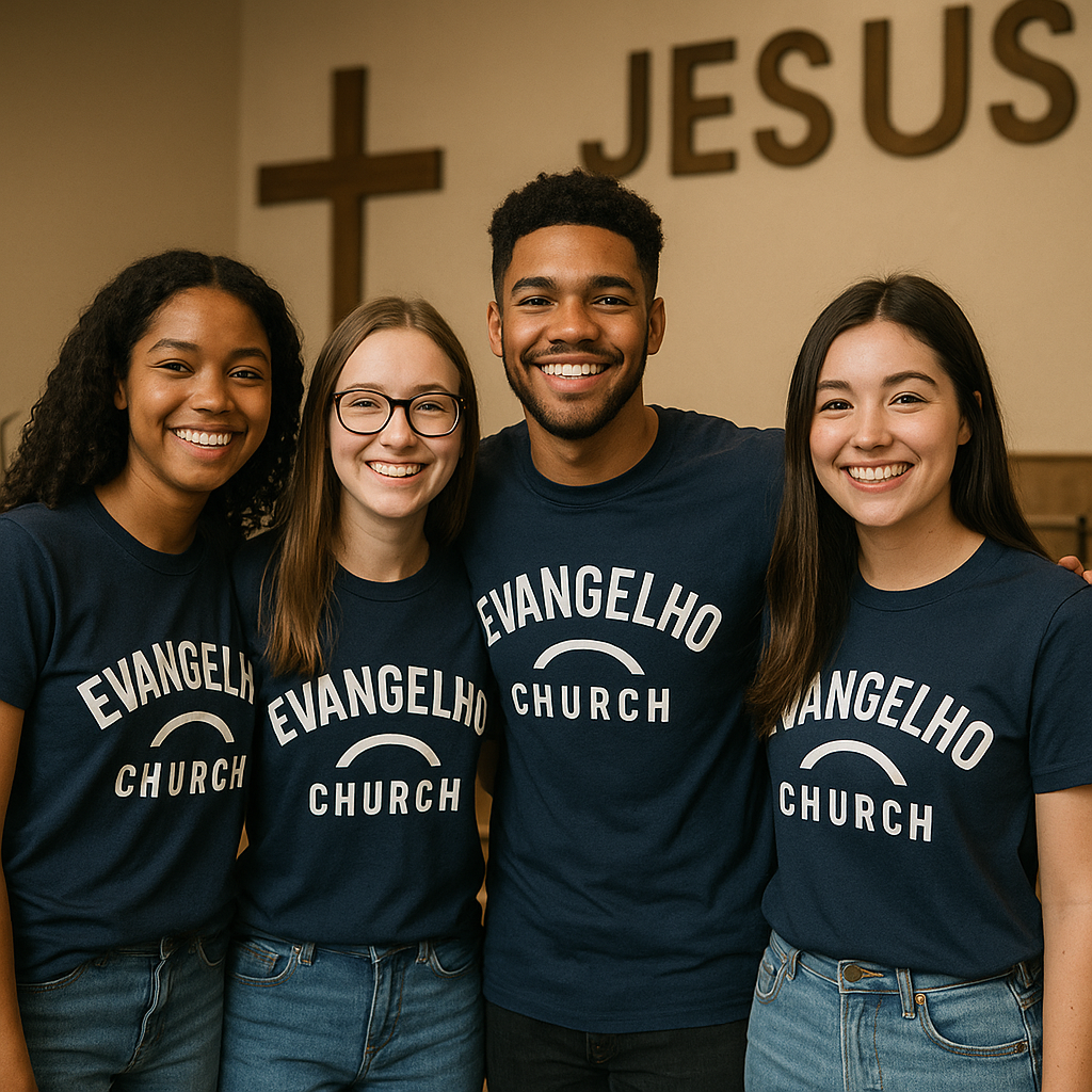 Grupo de jovens de uma igreja usando camisetas personalizadas do evento.