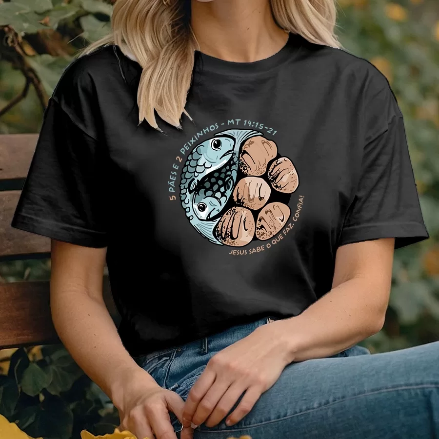 Camiseta Evangélica Cristã 5 Pães 2 Peixinhos - Multiplicção - Milagre - 100% Algodão