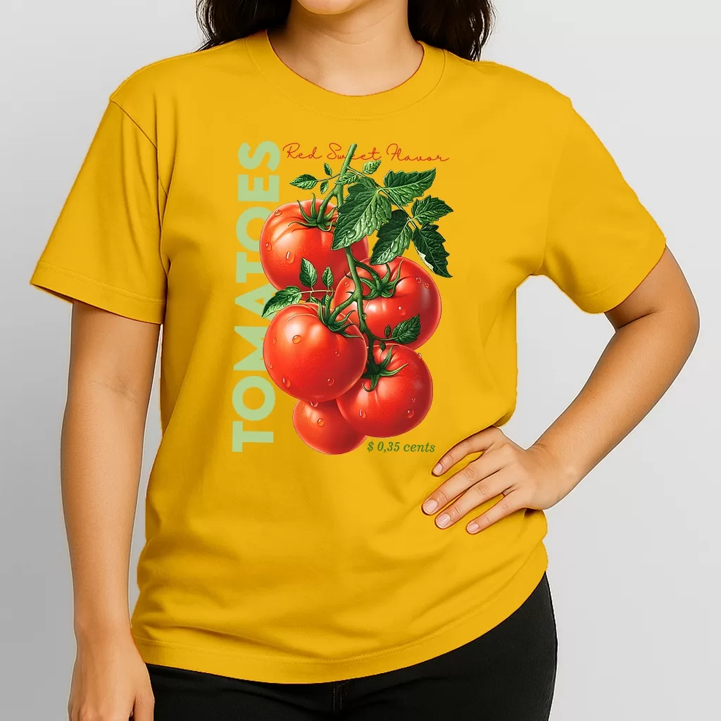 Camiseta Tomates Salada Frutas e Vegetais - Estampa Grande - 100% Algodão