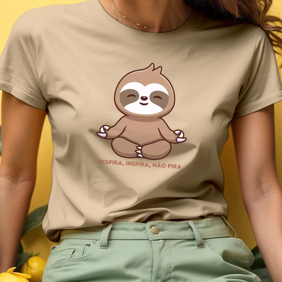 Camiseta Algodão Bicho Preguiça, Respira, Inspira e Não Pira Camisa Presente Envio Imediato