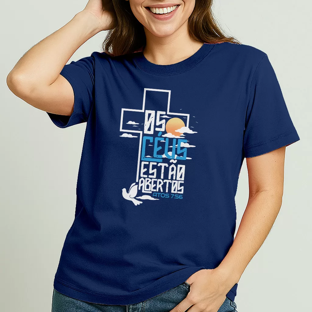 Camiseta Os Céus Estão Abertos Versiculo Biblico Atos - Cristã Evangélica - 100% Algodão
