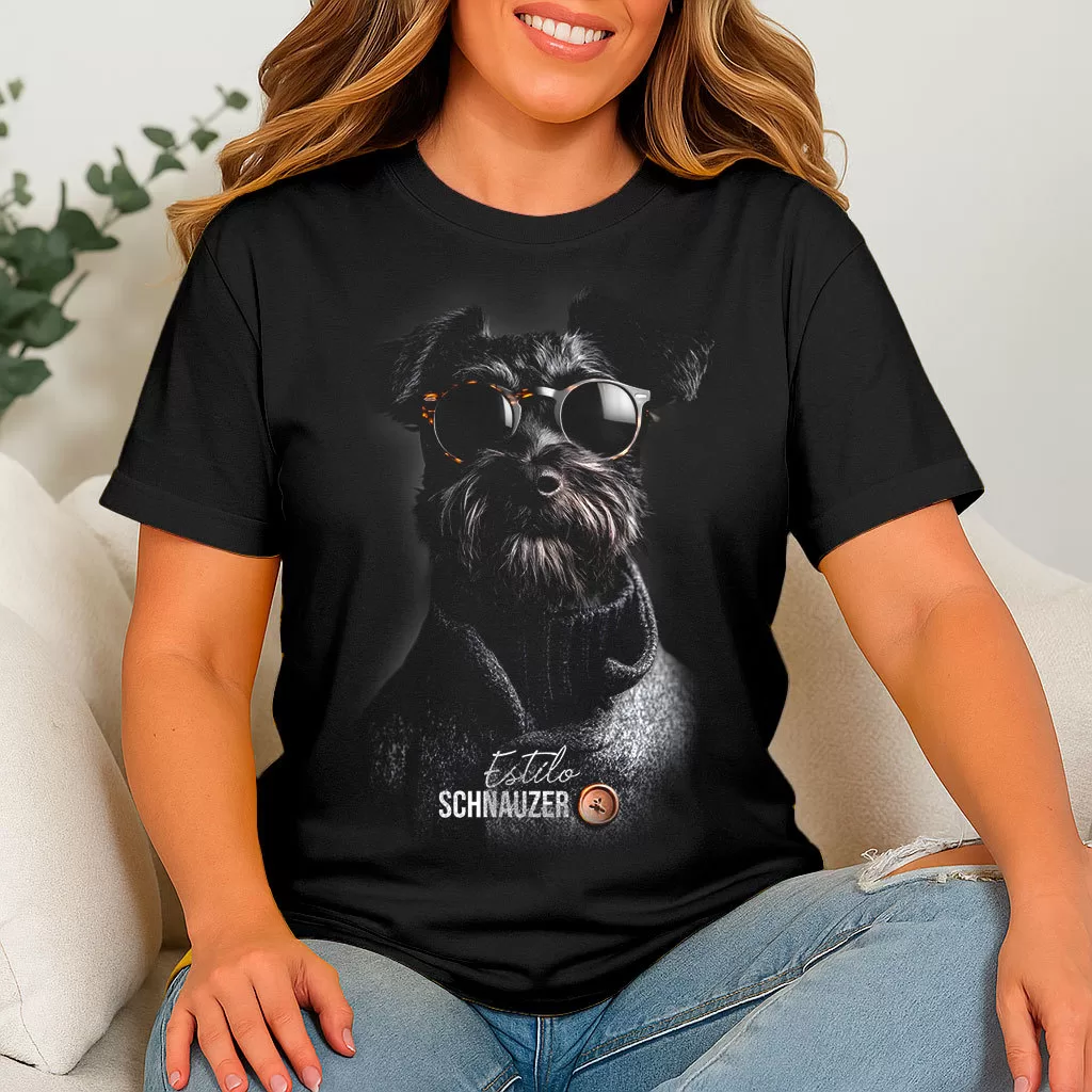 Camiseta Preta Schnauzer Estiloso Algodão Premium Estampa Cachorro Óculos 100% Algodão