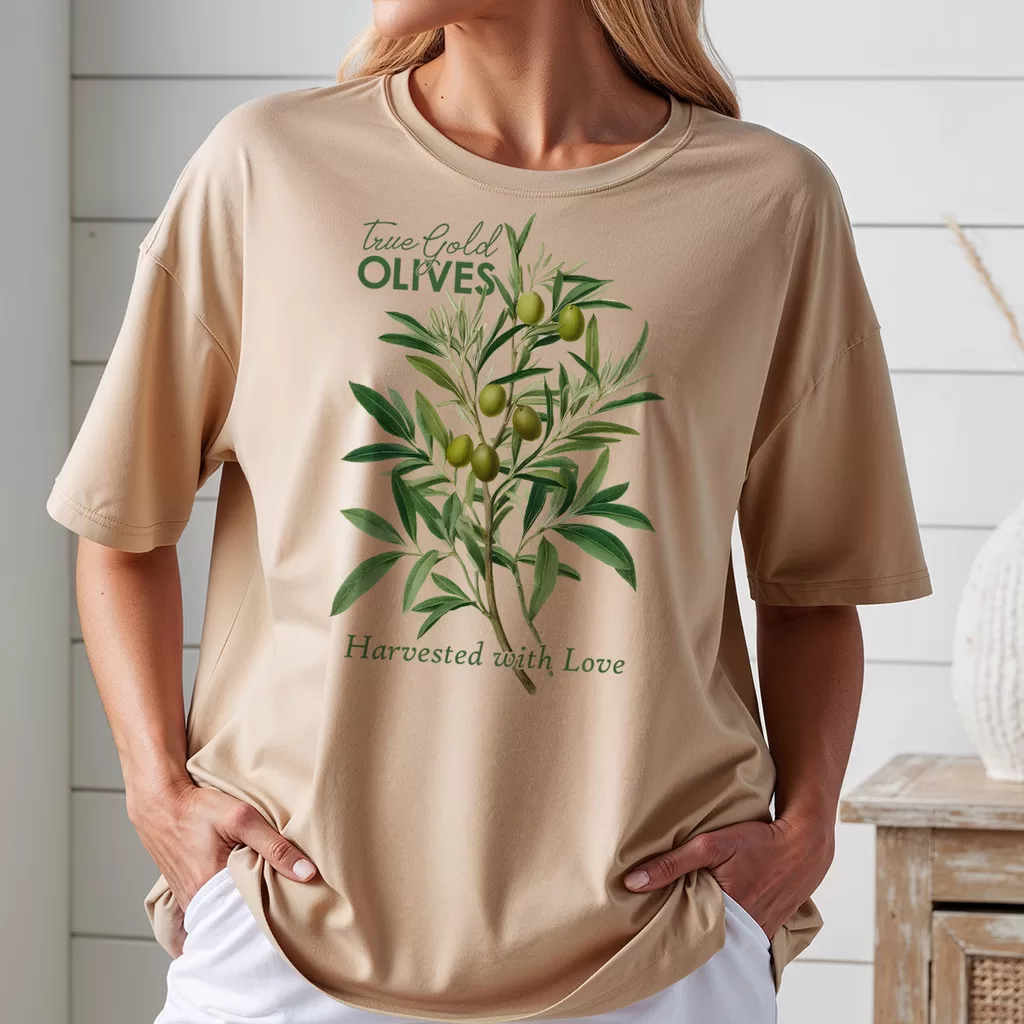 Camiseta Feminina Azeitonas Olives True Gold Ramo de Oliveira Planta Flor 100 % Algodão