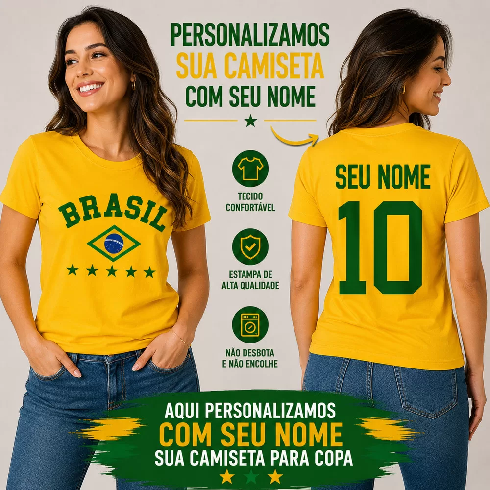 Camiseta Personalizada Brasil - Copa Do mundo 2026 - Personalize com seu nome e número